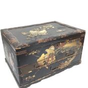 A 19thc Japanese lacquered work box, the rectangular top with carved ivory quail and crysanthemum