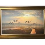 After Martin Ridley, Swans in Flight, print on textured paper, in gilt frame (61cm x 109cm)