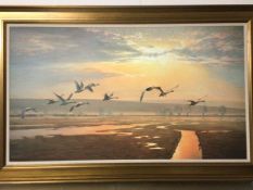 After Martin Ridley, Swans in Flight, print on textured paper, in gilt frame (61cm x 109cm)