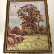 20R. Dougale, Pheasant Shooting, oil on board, inscribed verso, in gilt composition frame (49cm x