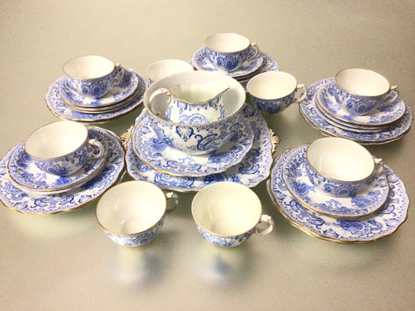 A Royal Crown Derby forty two piece blue printed patterned teacups and saucers, side plates, milk