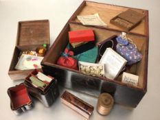 A treen box (15cm x 32cm x 23cm) containing a collection of games including cards, cowrie shells,