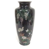 A silvered cloisonne tapered cylinder vase, decorated with bird and blossom design (31cm x d.9cm)