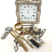 A modern silver framed Classics Nouveau England quartz clock, missing hands, a framed Silver Wedding