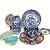 A Japanese Imari style scalloped dish, a modern Chinese baluster vase, a ginger jar, an Eastern