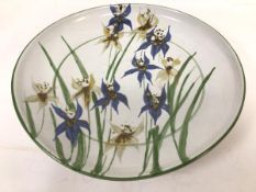 Susan Carr, stoneware pottery dish signed verso, 1990, decorated with iris design (5cm x 37cm)