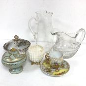 A crystal slice cut water jug, a crystal slice cut helmet shaped jug, a Dresden style cup and