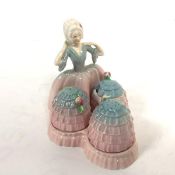 A Caltonware china figure Crinolene Lady condiment set complete with mustard, pepperette, salt