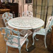 An anodised metal five piece white painted garden set including two arm chairs, two side chairs