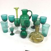 A collection of six various green cordial glasses, two green tumblers, a green and gilt decorated