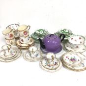 A Czechoslovakian purple and black morning teapot and saucer, two Bisto cups and saucers, two Tuscan