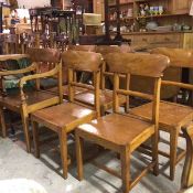 A set of five plus one 19thc Edinburgh beech kitchen/dining chairs with shaped splat backs, inset