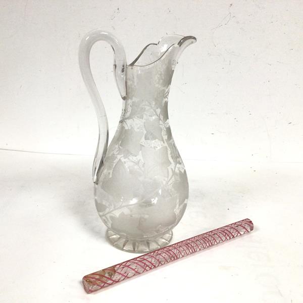 An Edwardian crystal etched baluster water jug, with ivy leaf decoration (27cm) and a 19thc opaque