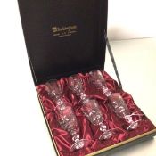 A set of six boxed Buckingham hand cut crystal wine glasses (each: 14cm x 7cm)
