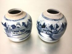 Two 19thc Chinese pottery ginger jars decorated with blue and white transfer landscape panels (