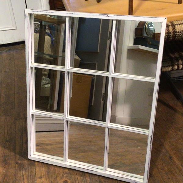 A distressed finish painted nine panel mirror (87cm x 71cm)