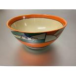 Clarice Cliff Fantasque bowl for Wilkinson, with a broad border in the Sunray and Leaves pattern,