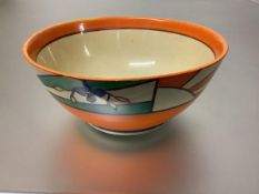 Clarice Cliff Fantasque bowl for Wilkinson, with a broad border in the Sunray and Leaves pattern,