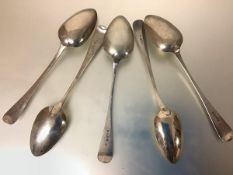 A set of five George III Provincial silver table spoons, William Welch II, Exeter 1809, 1810 and