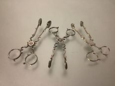 A group of three 19th century silver scissor-action sugar nips, one marked for Yapp & Woodward,