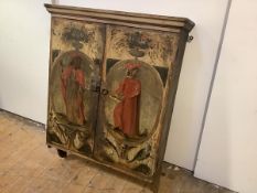 A late 18th century Continental painted hanging wall cabinet, the projecting top above a pair of