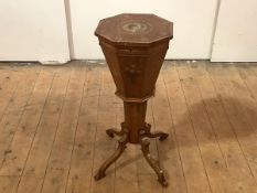 A late 19th century painted satinwood work table, the octagonal top with painted portrait roundel,