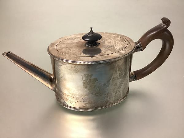 A George III silver teapot, Charles Aldridge & Henry Green, London 1779, of oval drum form, with