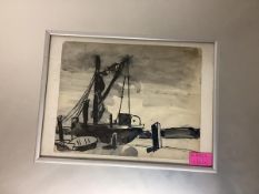 •Josef Herman O.B.E., R.A. (British, 1911-2000), A Fishing Boat, pen and ink wash, framed. 20cm by
