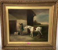 English School, early 19th Century, Tethering the Horse, oil on canvas, in a gilt-composition frame.