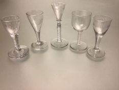 A group of five late 18th and early 19th century drinking glasses including: a cordial glass with