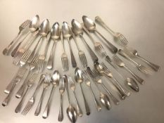 An assembled silver partial flatware service, George III and later, comprising: six table spoons,