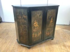 A 19th century ebonised side cabinet, the later canted-front top above a pair of panelled doors