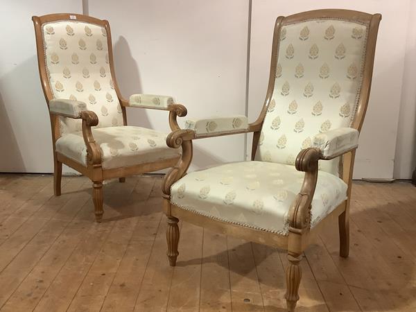 A rare pair of George IV birch library open armchairs, c. 1830, attributed to James Mein of Kelso,