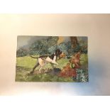 A pietra dura plaque of a gun dog and game bird in a wooded landscape, 20th century, rectangular,