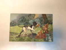 A pietra dura plaque of a gun dog and game bird in a wooded landscape, 20th century, rectangular,