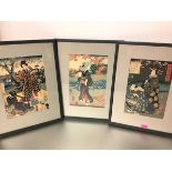 A set of three Japanese woodblock prints, probably Meiji period, each depicting a lady in a garden