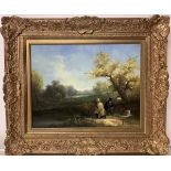 H. Wheeler (Contemporary), Fishermen on a River Bank, signed lower right, oil on panel, in a gilt-