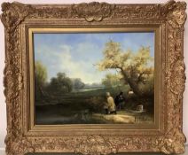 H. Wheeler (Contemporary), Fishermen on a River Bank, signed lower right, oil on panel, in a gilt-