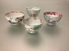 A group of four Chinese famille rose porcelain tea bowls comprising: the first, lobed with scalloped