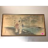 Japanese School, c. 1900, Two Figures by a River Bank, watercolour on three sheets of paper,