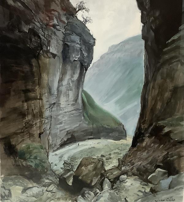 •John Cooke (British, 1929-2018), A Yorkshire Gorge - probably Gordale Scar, signed lower left,