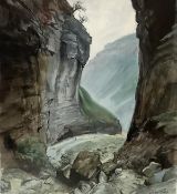 •John Cooke (British, 1929-2018), A Yorkshire Gorge - probably Gordale Scar, signed lower left,