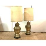 A pair of modern large Eastern style brass lamp bases, of baluster form, with scroll bands within