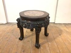 A Chinese hardwood jardiniere stand, the shaped circular top with marble inset and beaded edge above