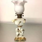 A Moore Brothers porcelain oil lamp, late 19th century, the reservoir moulded and modelled with
