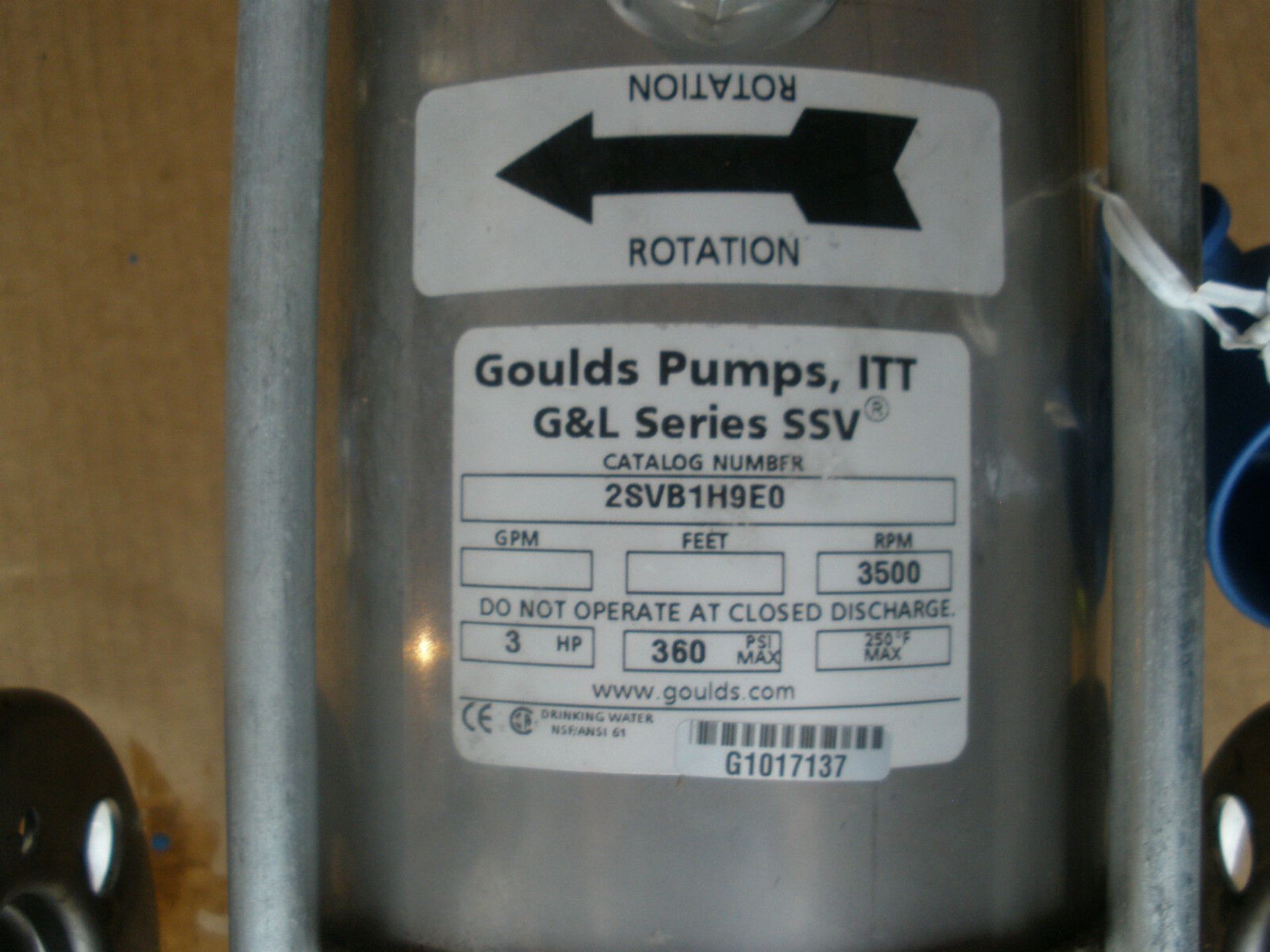 Gaulds Pumps, ITT G&L Series SSV Catalog # 2SVB1H9E0, 3HP Baldor Motor 230/460v 3PH 7/35 Amps RPM - Image 7 of 7
