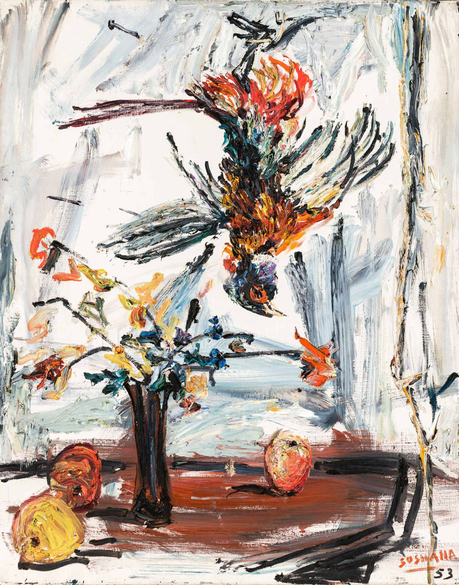 Soshana, Cock (Stillleben mit Blumen, Obst und Vogel)