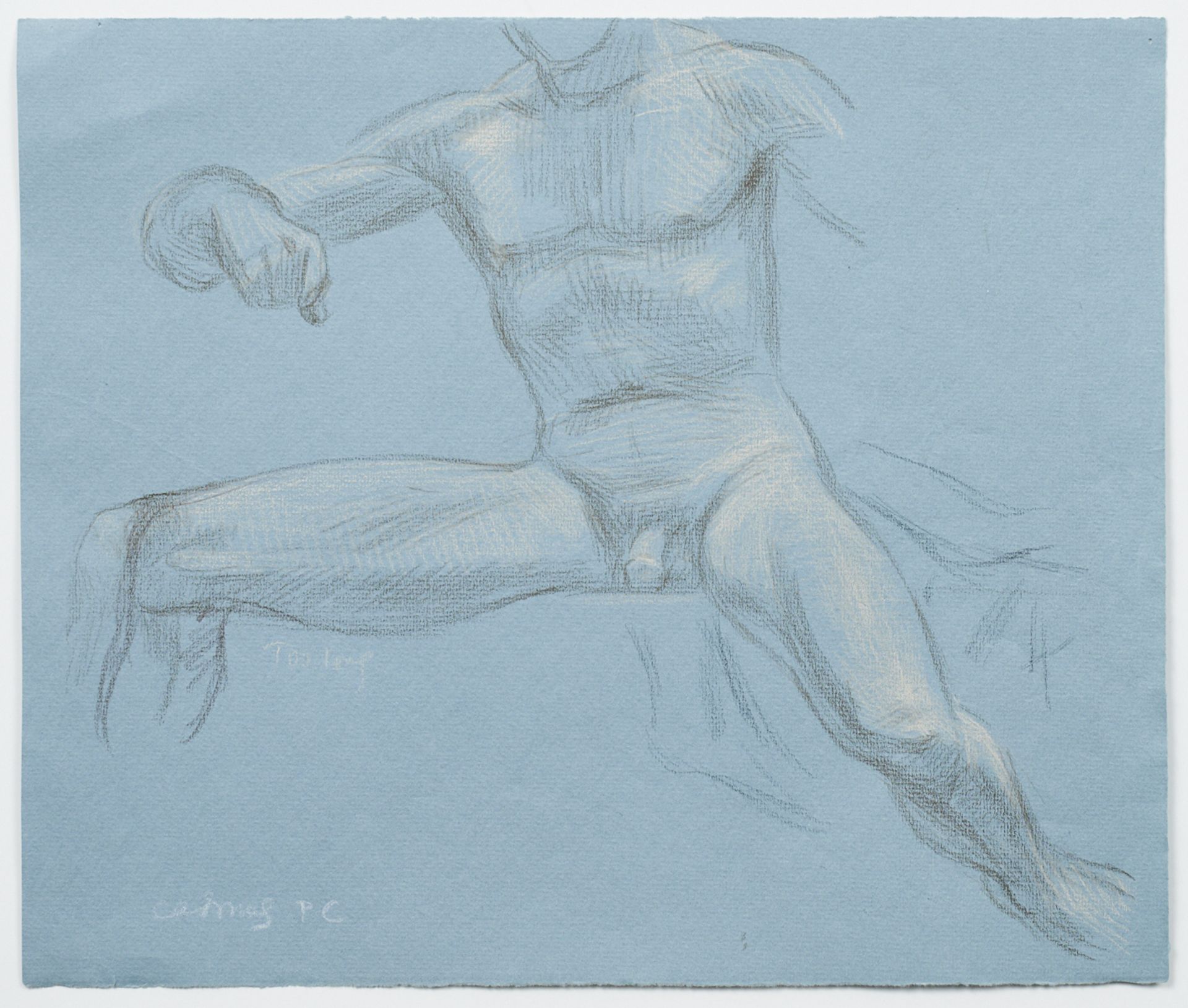 Paul Cadmus Seated Male Nude Crayon on Blue Paper - Bild 2 aus 5
