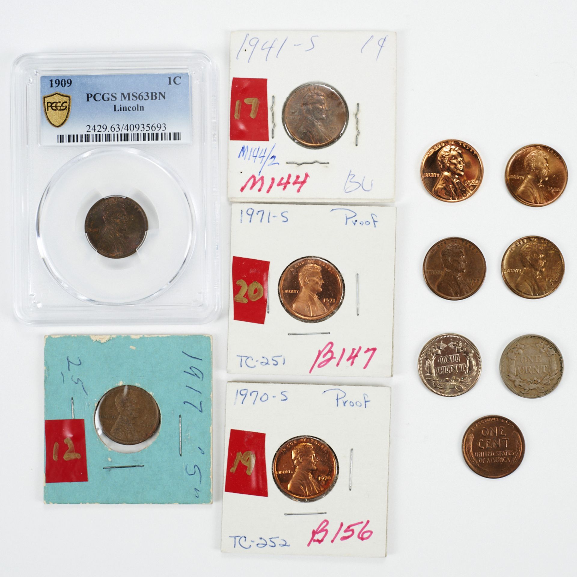 Grp: 12 Pennies Flying Eagle & Lincoln