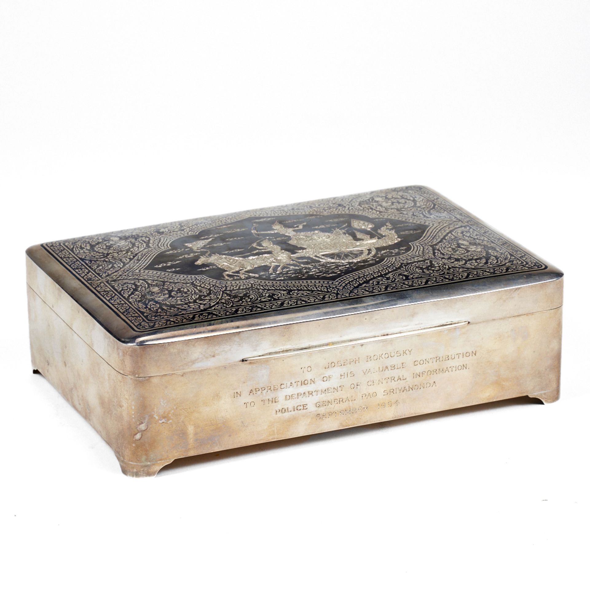 Large Thai Silver Nielloware Box - Inscribed